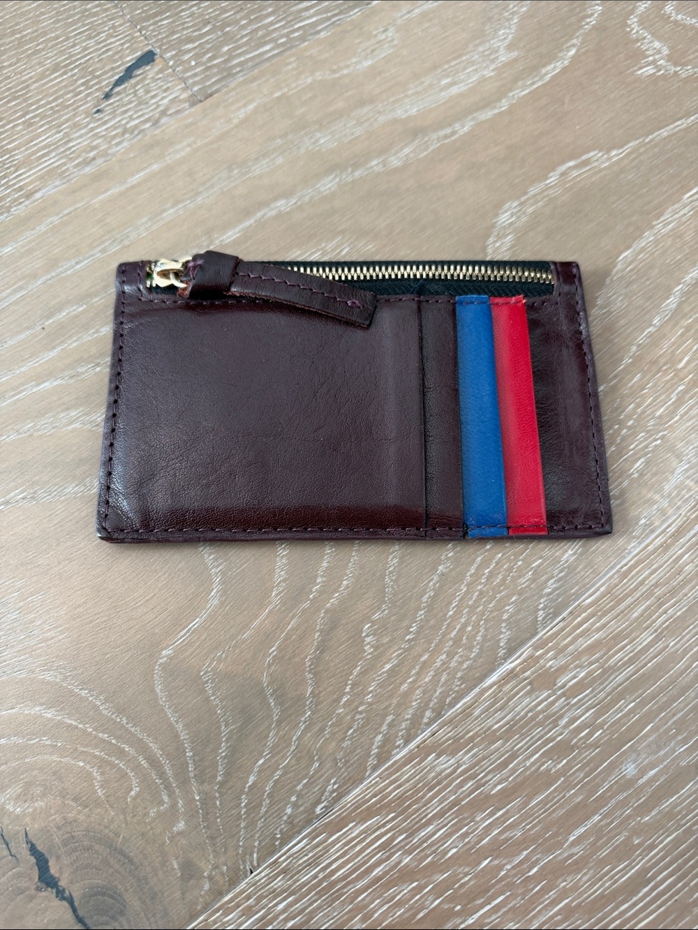 Clare V Leather Card Holder in Dark Brown with Blue & Red Accents